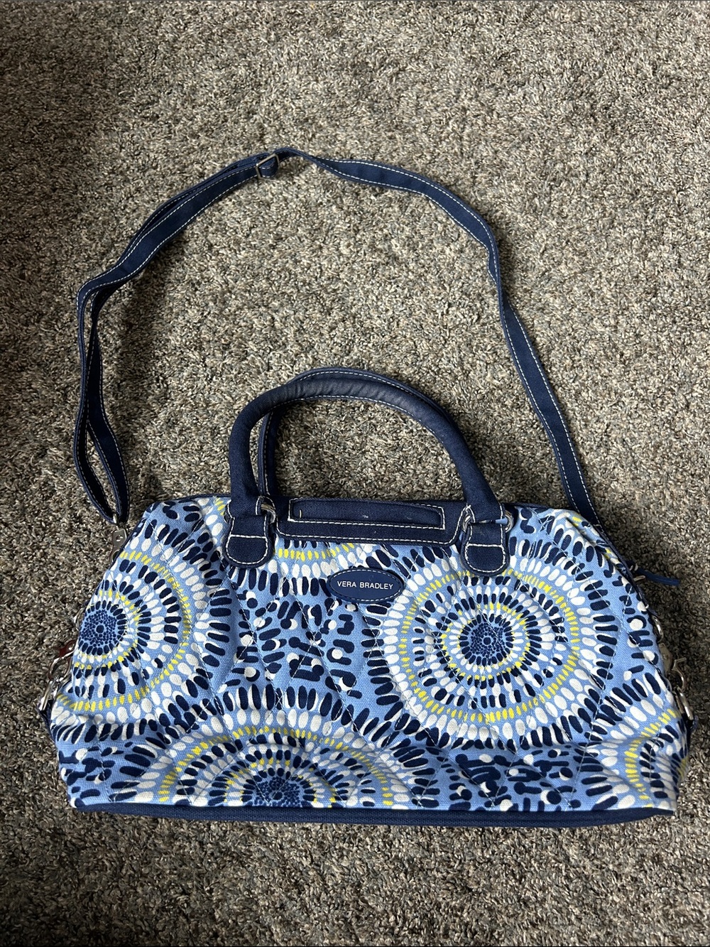 Vera Bradley Blue, Yellow and White Medallion Satchel with Adjustable Strap